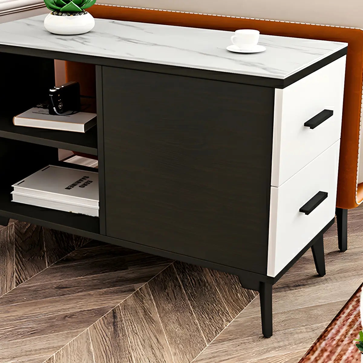 Rectangular Stone Iron End Table with Storage Drawers Image - 12