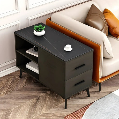 Rectangular Stone Iron End Table with Storage Drawers Image - 2