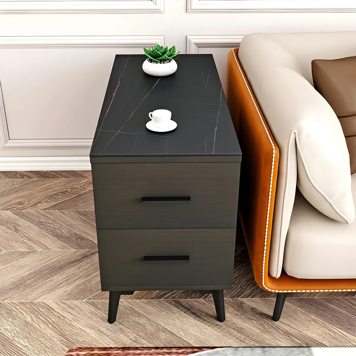 Rectangular Stone Iron End Table with Storage Drawers Image - 6