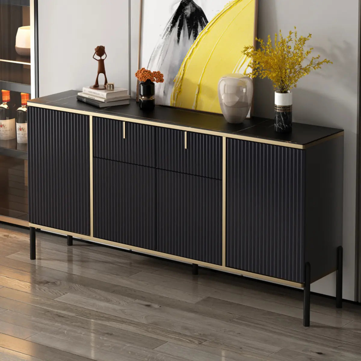 Rectangular Stone Top Black Cabinets Sideboard with Storage Image - 1