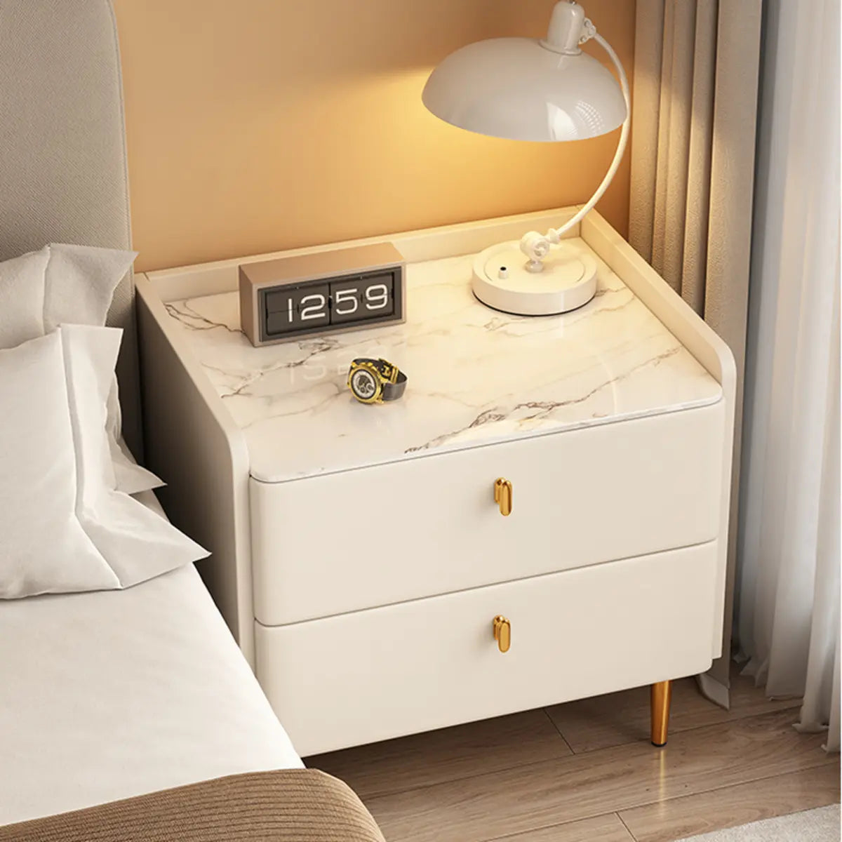 Rectangular Stone Top White Storage 2-Tier Nightstand Image - 1