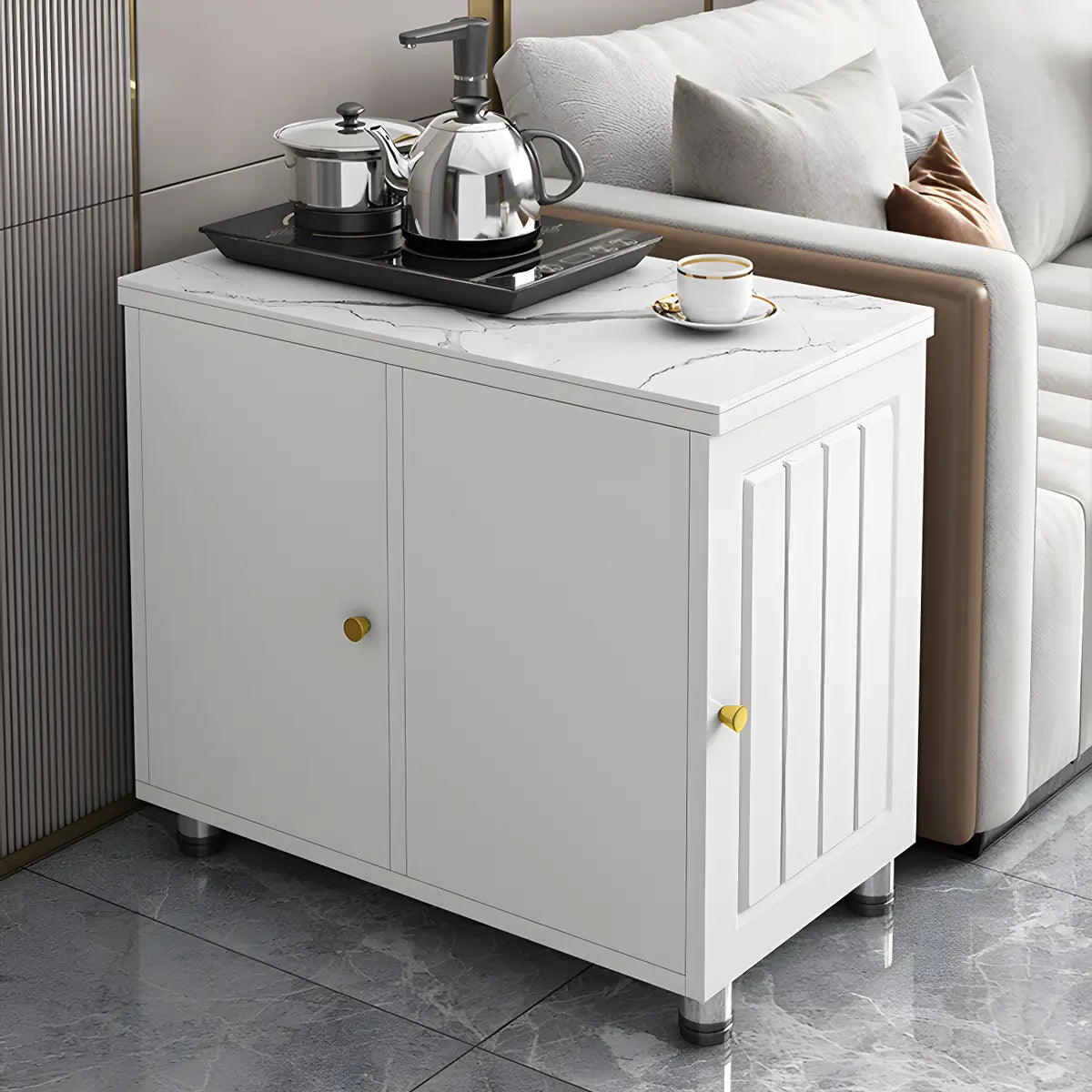 Rectangular Stone White Storage Side Cabinet Table Image - 12