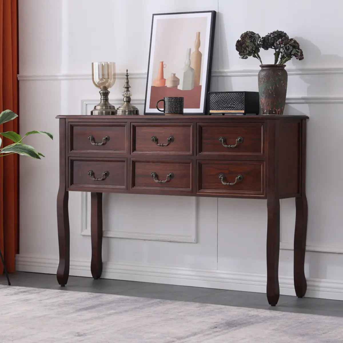 Rectangular Timber Dark Walnut Console Table with Drawers Image - 2