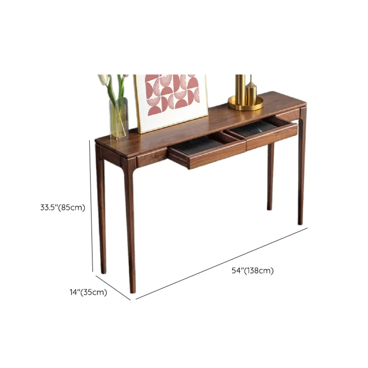 Rectangular Walnut Brown Wood Console Table with Drawers 