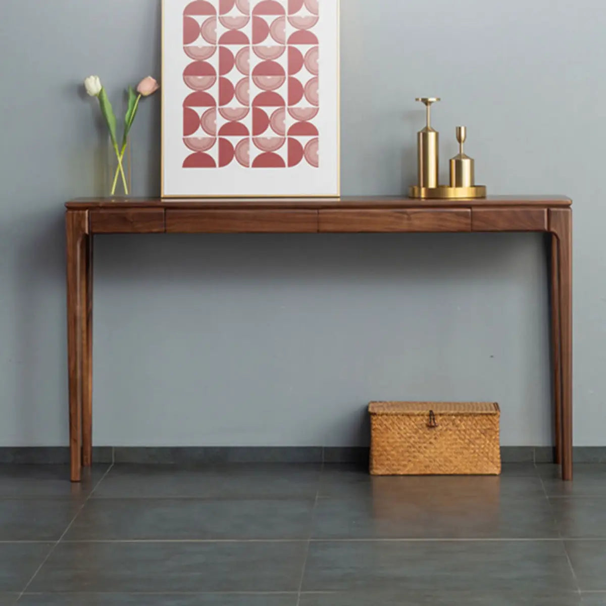 Rectangular Walnut Brown Wood Console Table with Drawers Image - 2