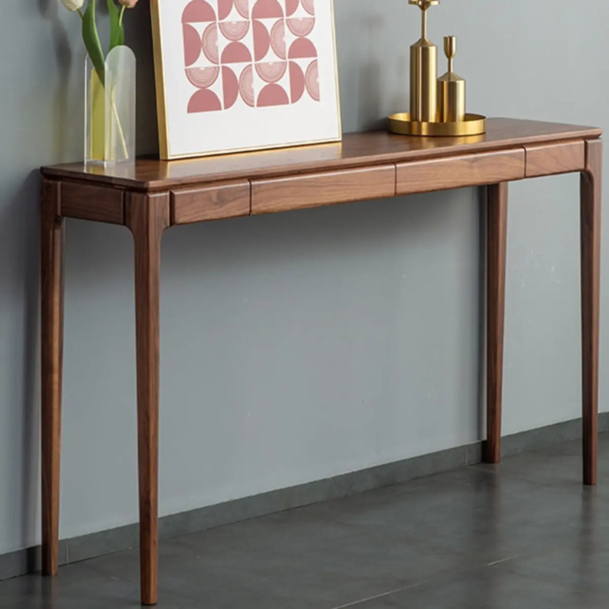 Rectangular Walnut Brown Wood Console Table with Drawers Image - 4