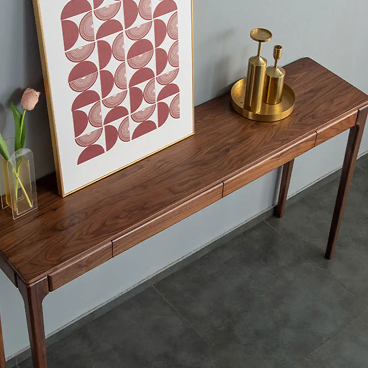 Rectangular Walnut Brown Wood Console Table with Drawers Image - 9