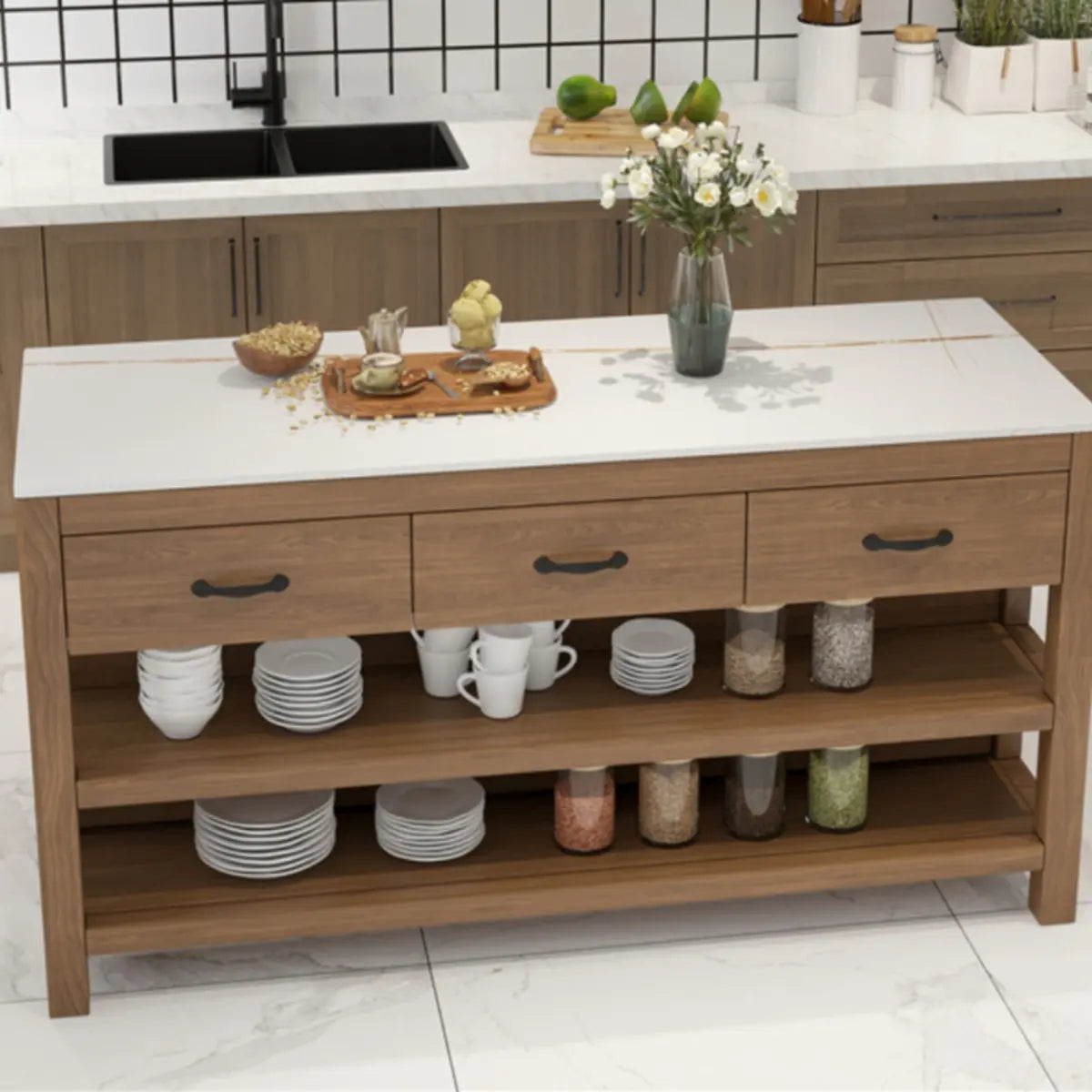 Rectangular White Top Brown Wood Kitchen Island with Drawers Image - 1