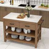 Rectangular White Top Brown Wood Kitchen Island with Drawers Image - 3