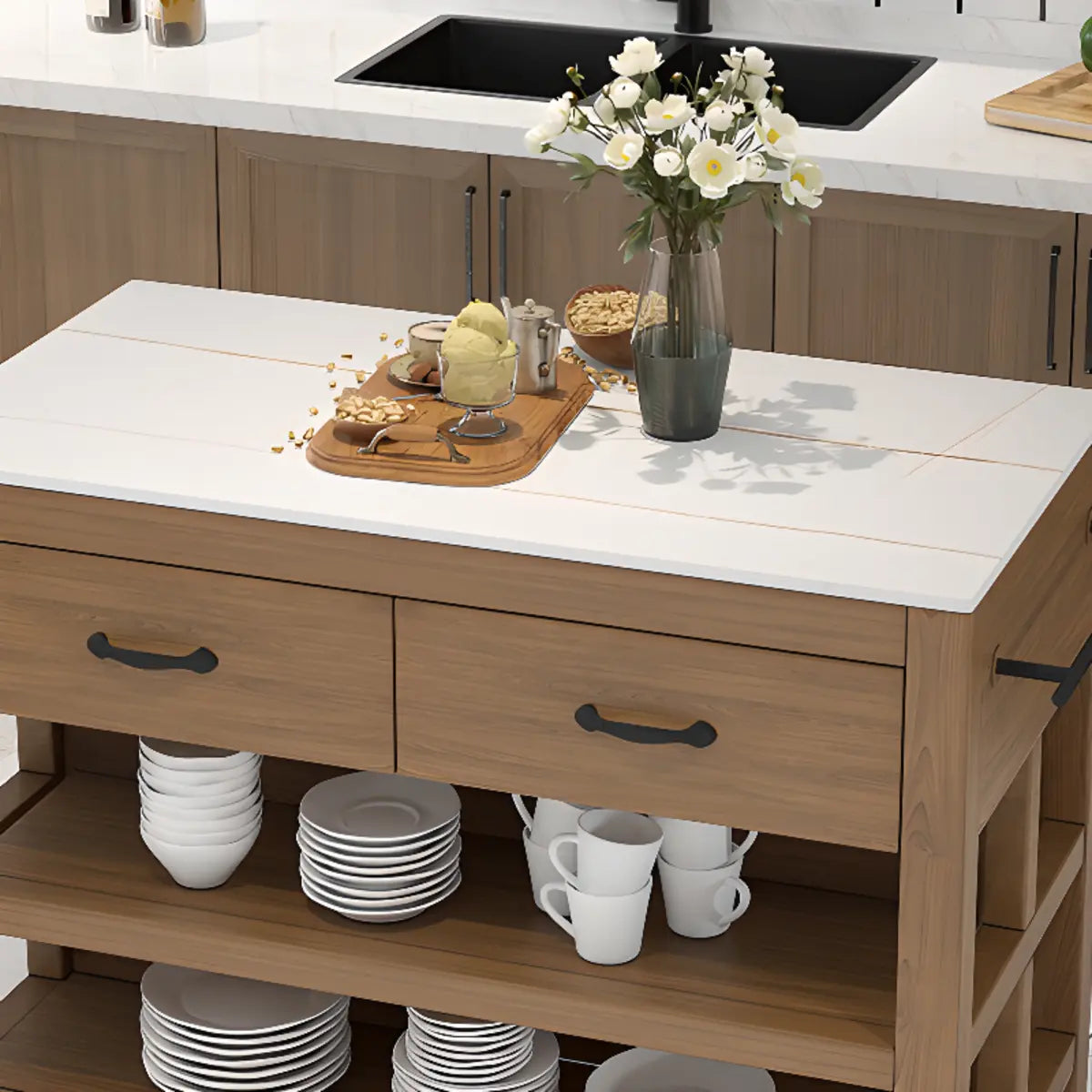 Rectangular White Top Brown Wood Kitchen Island with Drawers Image - 5