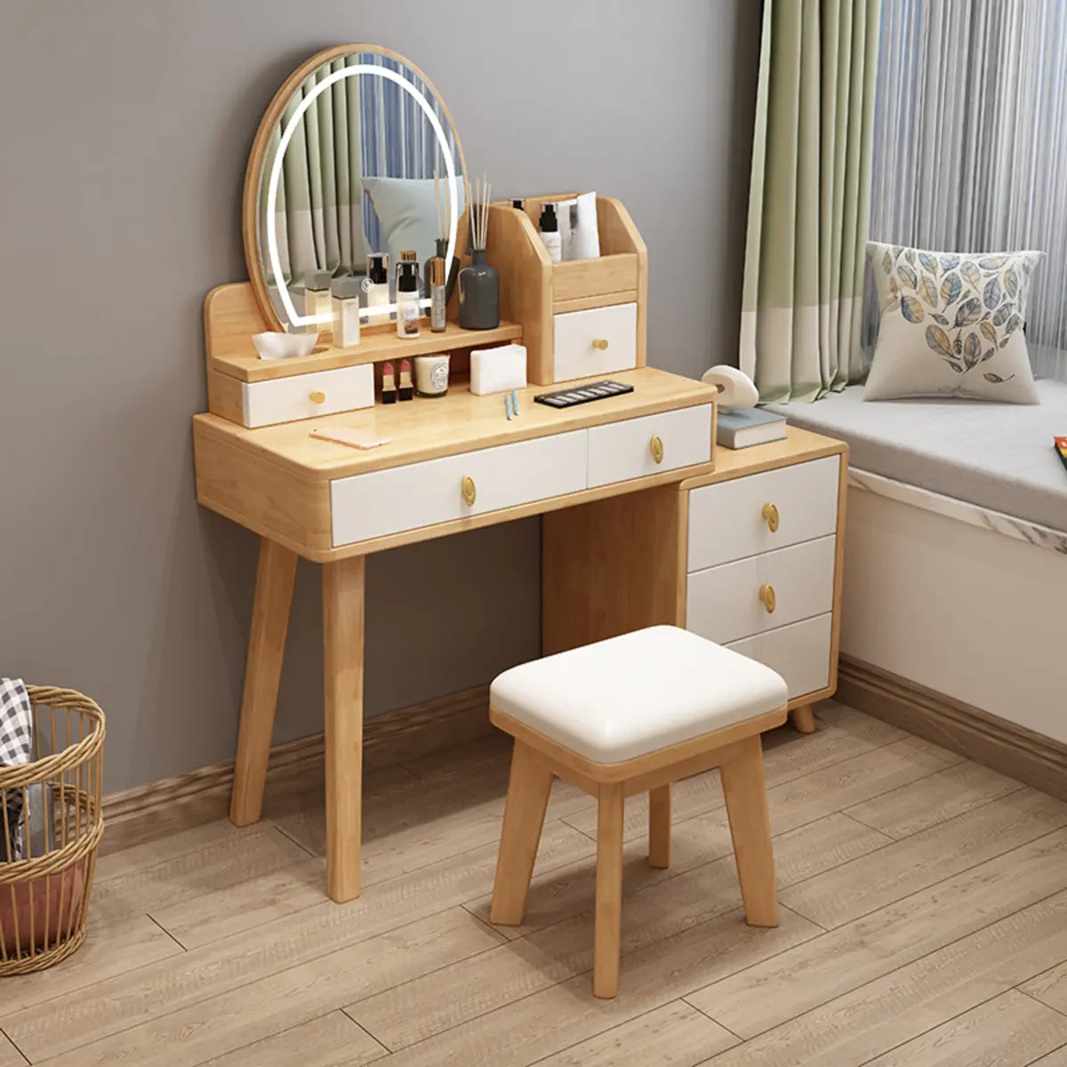 Rectangular White Wood Bedroom Vanity with Mirror Image - 9