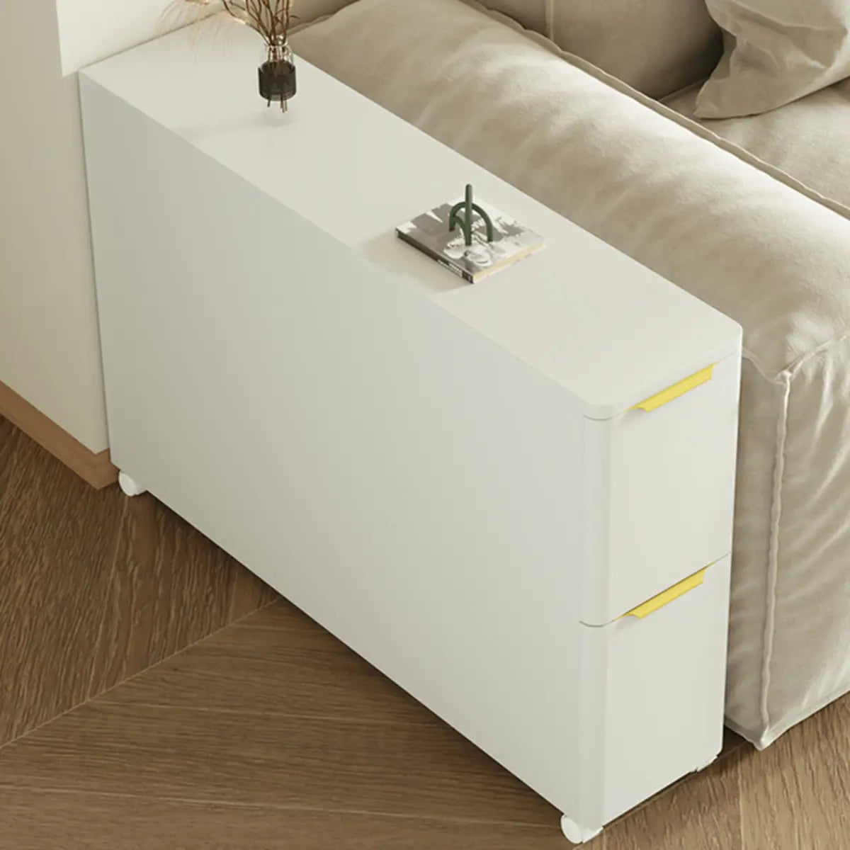 Rectangular White Wood Mobile End Table with Drawers Image - 1