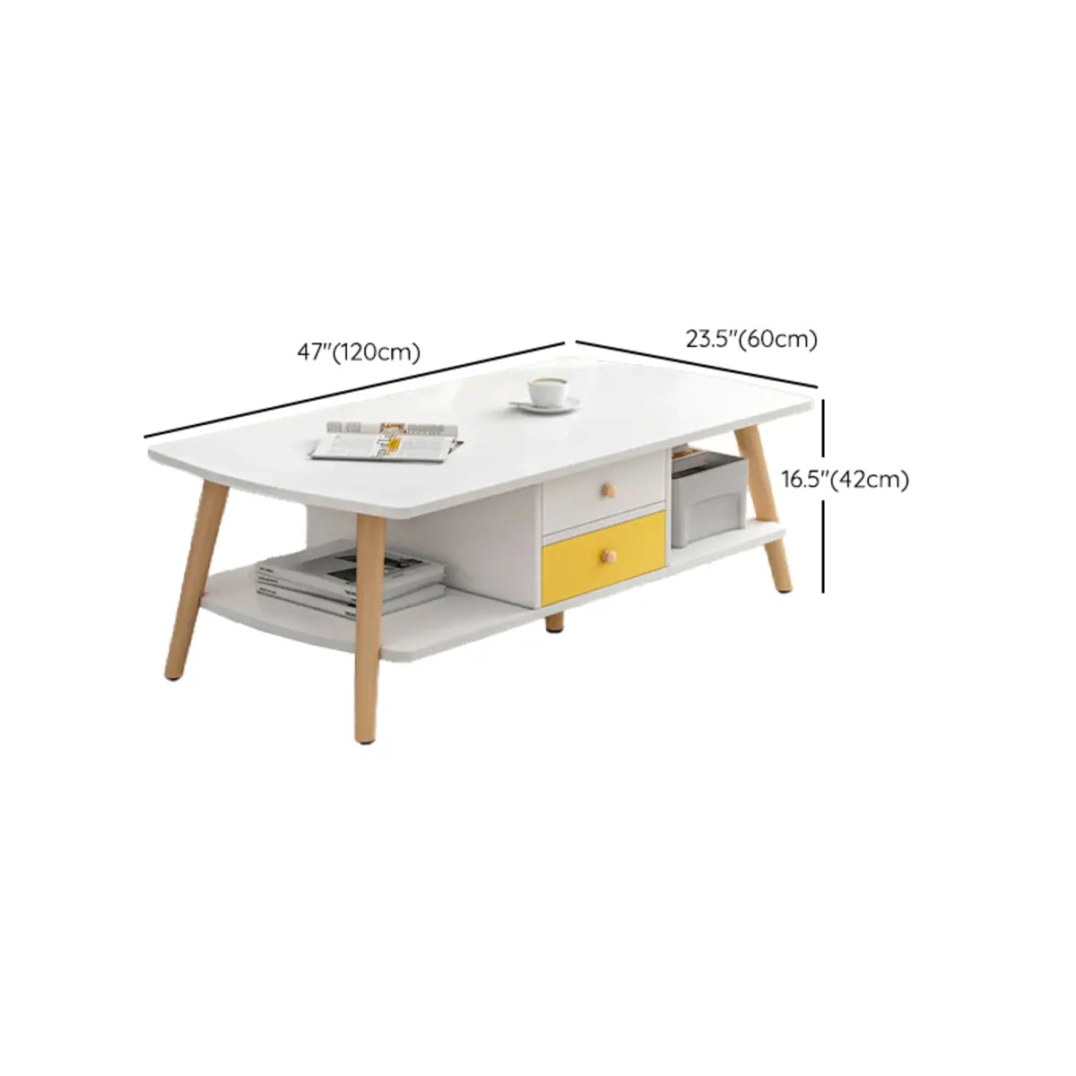 Rectangular Wood 2 Tiers Shelves Four Legs Coffee Table Image - 15