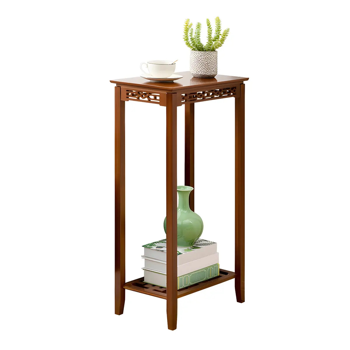 Rectangular Wood Brown Display End Table with Shelf Image - 10