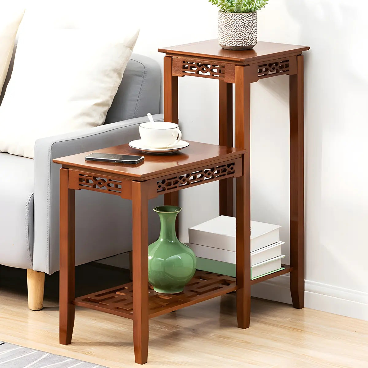 Rectangular Wood Brown Display End Table with Shelf Image - 19