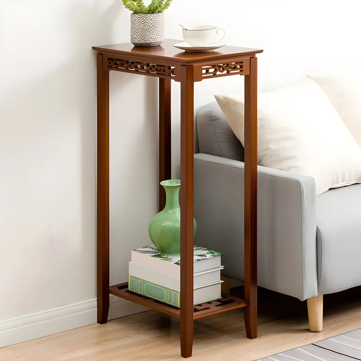 Rectangular Wood Brown Display End Table with Shelf Image - 22