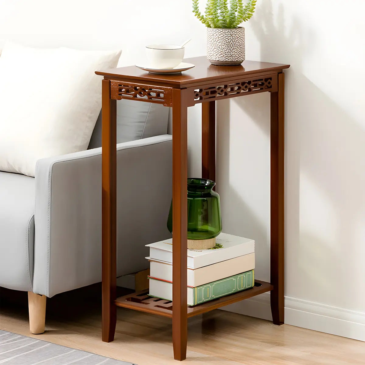 Rectangular Wood Brown Display End Table with Shelf Image - 23