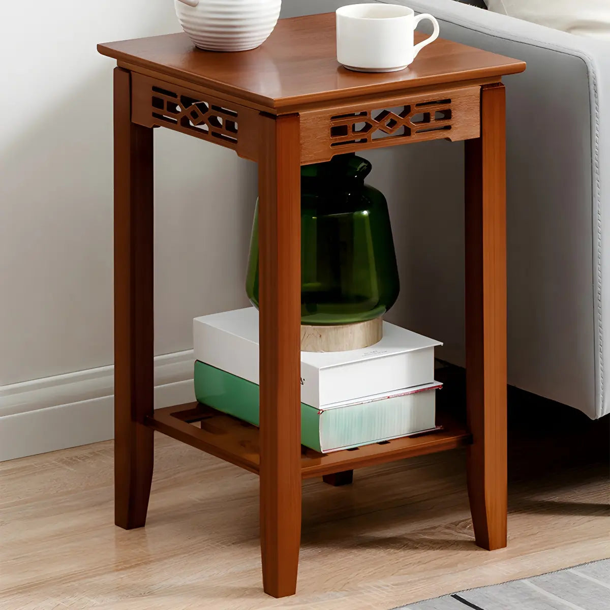 Rectangular Wood Brown Display End Table with Shelf Image - 4