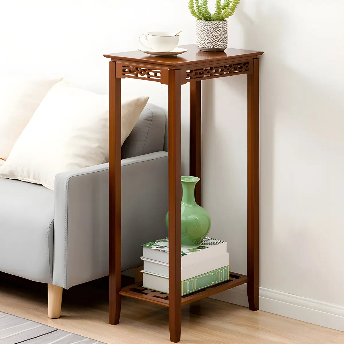 Rectangular Wood Brown Display End Table with Shelf Image - 7