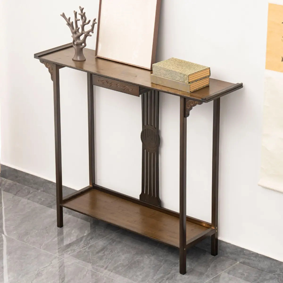 Rectangular Wood Brown Drawers Console Table with Shelf Image - 1