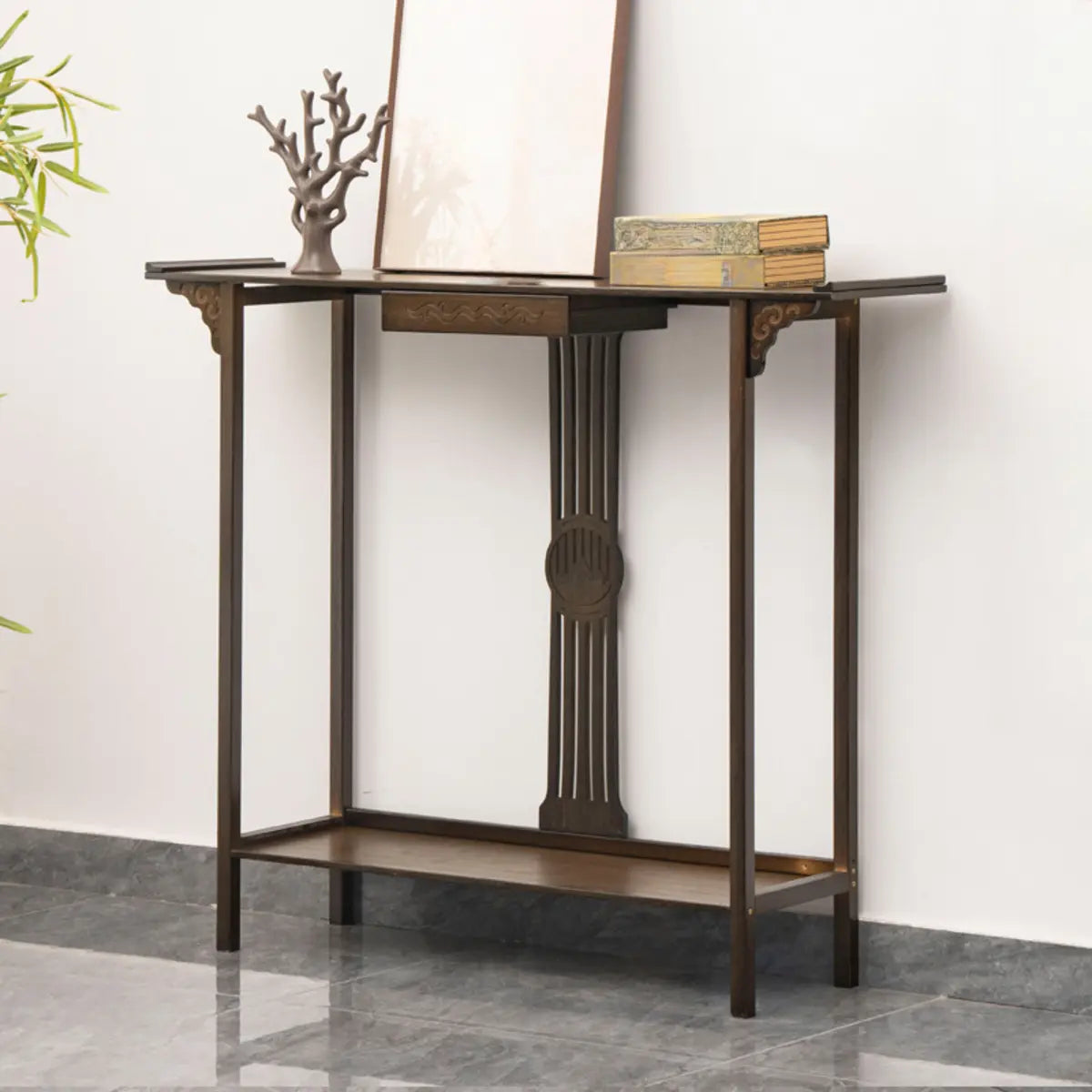 Rectangular Wood Brown Drawers Console Table with Shelf Image - 3