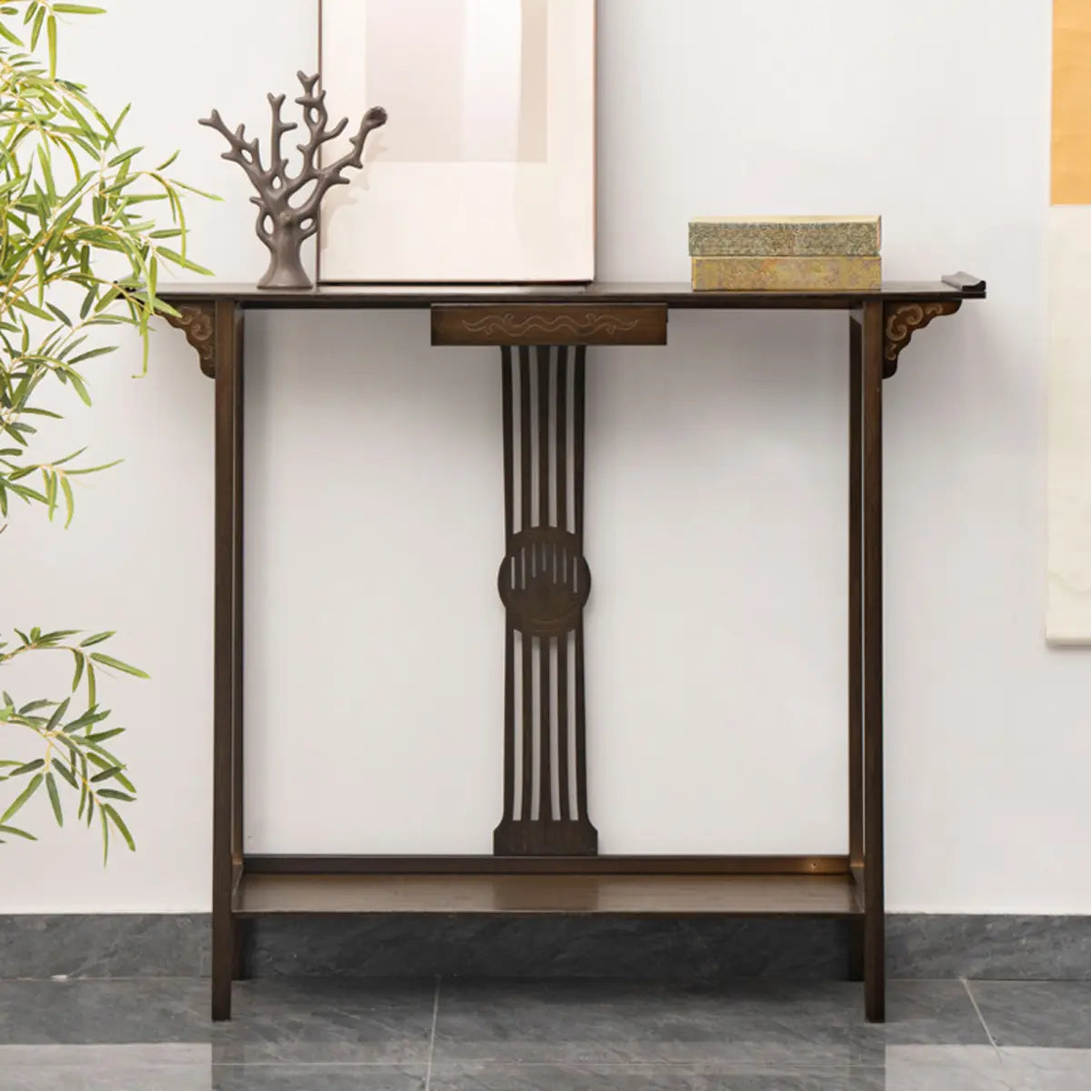 Rectangular Wood Brown Drawers Console Table with Shelf Image - 4