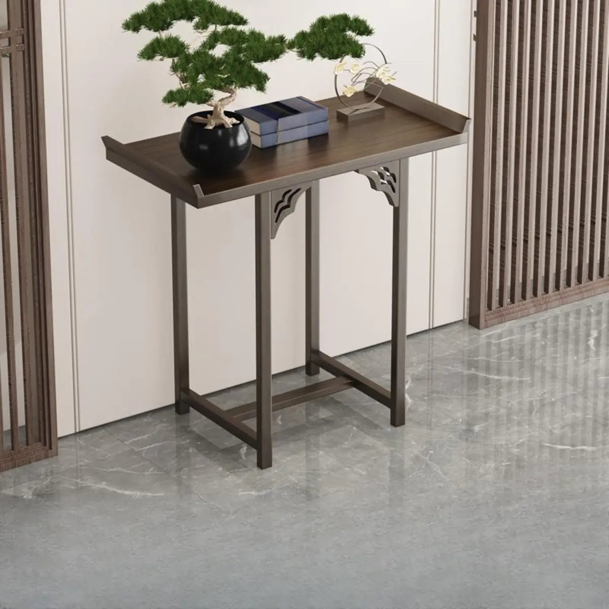 Rectangular Wood Brown Entry Console Table with Floor Shelf Image - 2