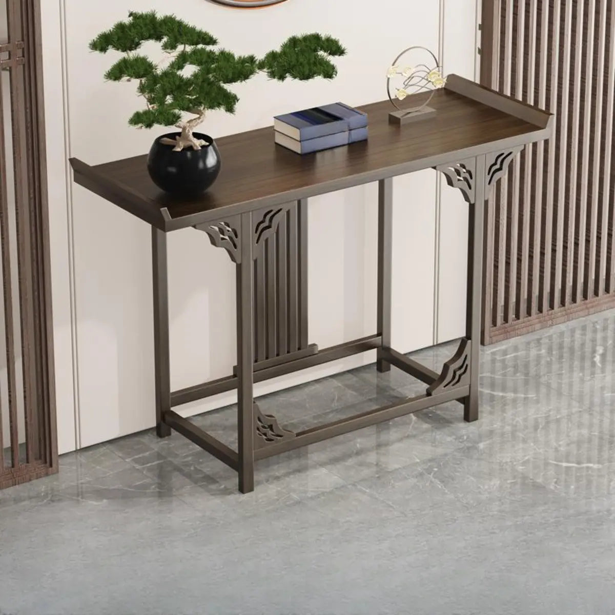 Rectangular Wood Brown Entry Console Table with Floor Shelf Image - 3