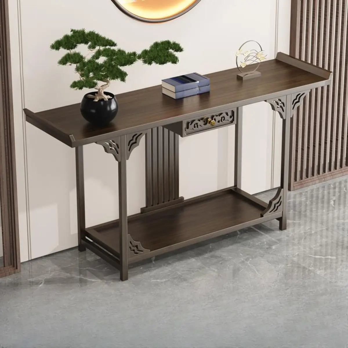 Rectangular Wood Brown Entry Console Table with Floor Shelf Image - 12