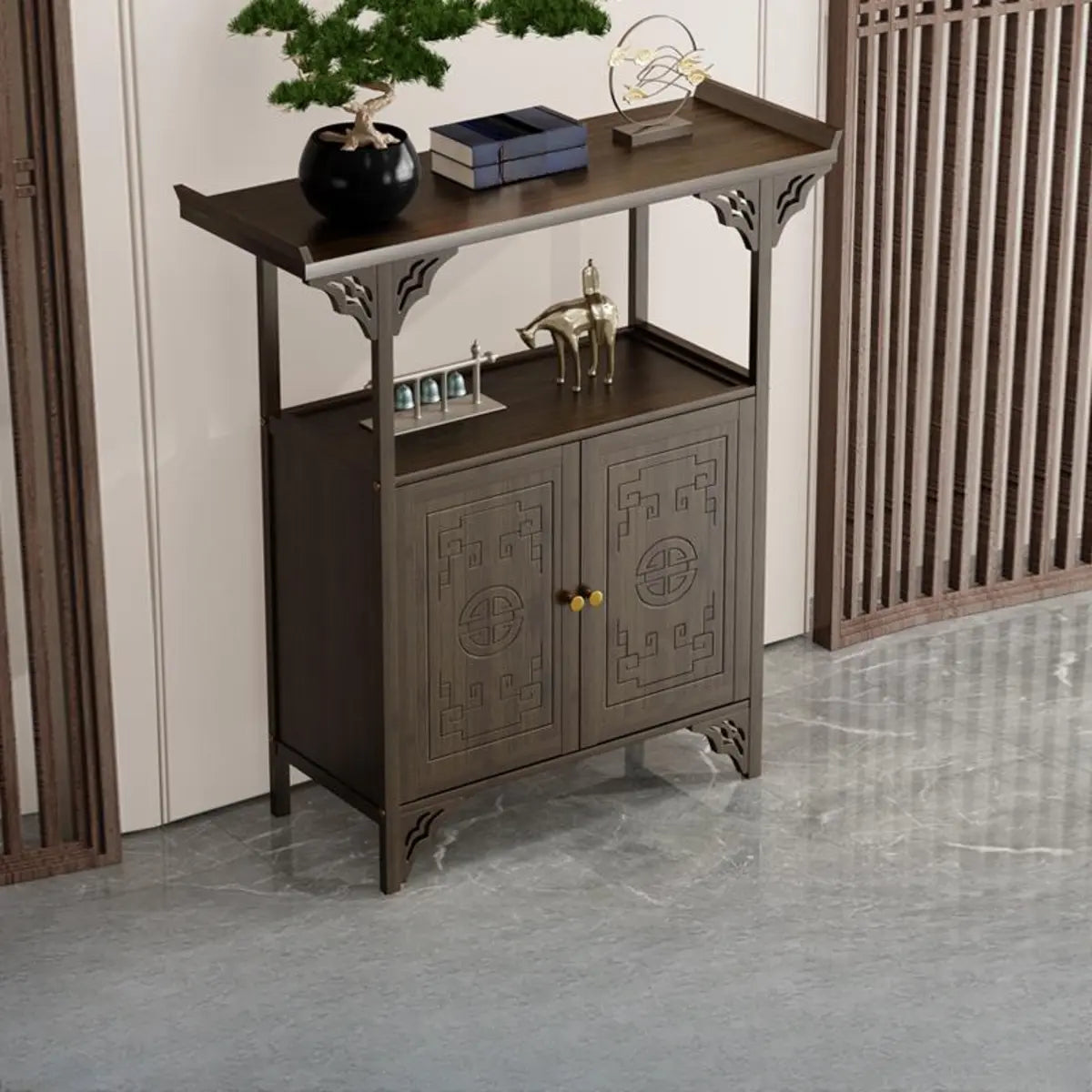 Rectangular Wood Brown Entry Console Table with Floor Shelf Image - 13