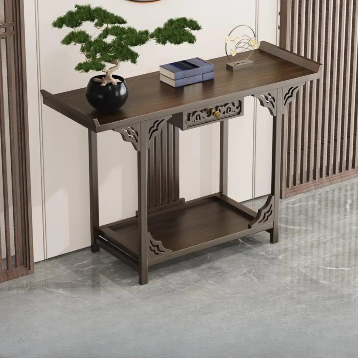 Rectangular Wood Brown Entry Console Table with Floor Shelf Image - 7