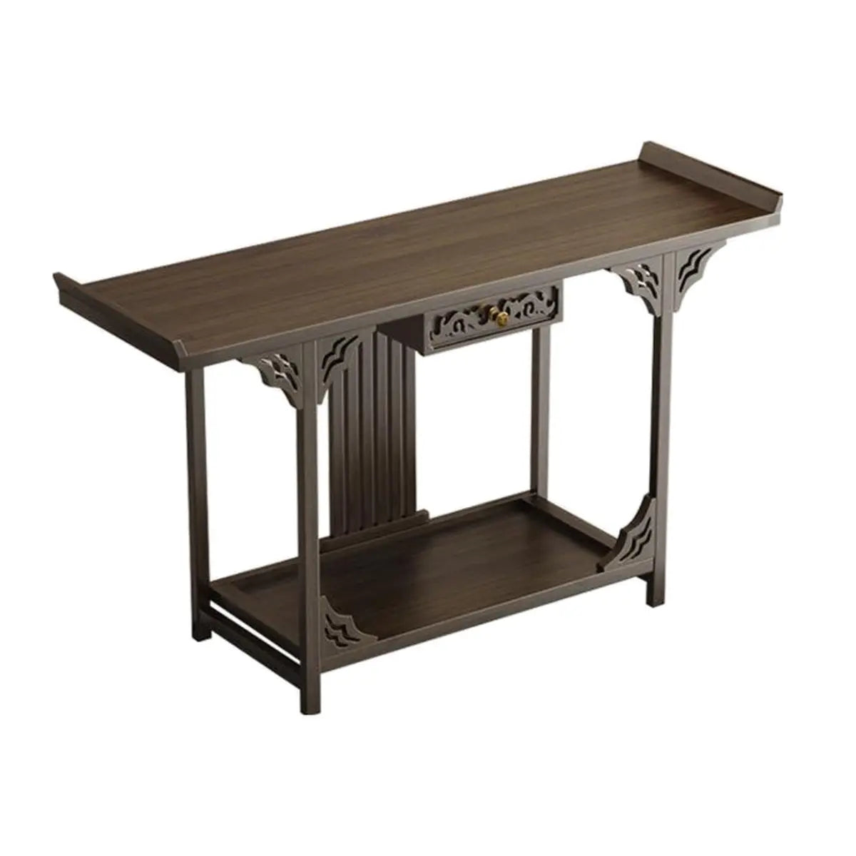 Rectangular Wood Brown Entry Console Table with Floor Shelf Image - 9