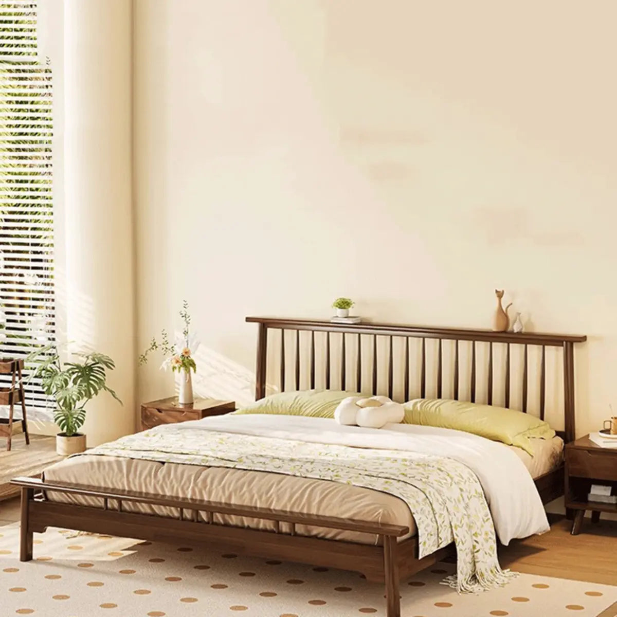 Rectangular Wood Brown King Slat Bed with Headboard Image - 10