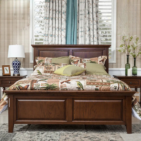 Rectangular Wood Brown Queen Panel Bed Frame with Headboard Image - 1