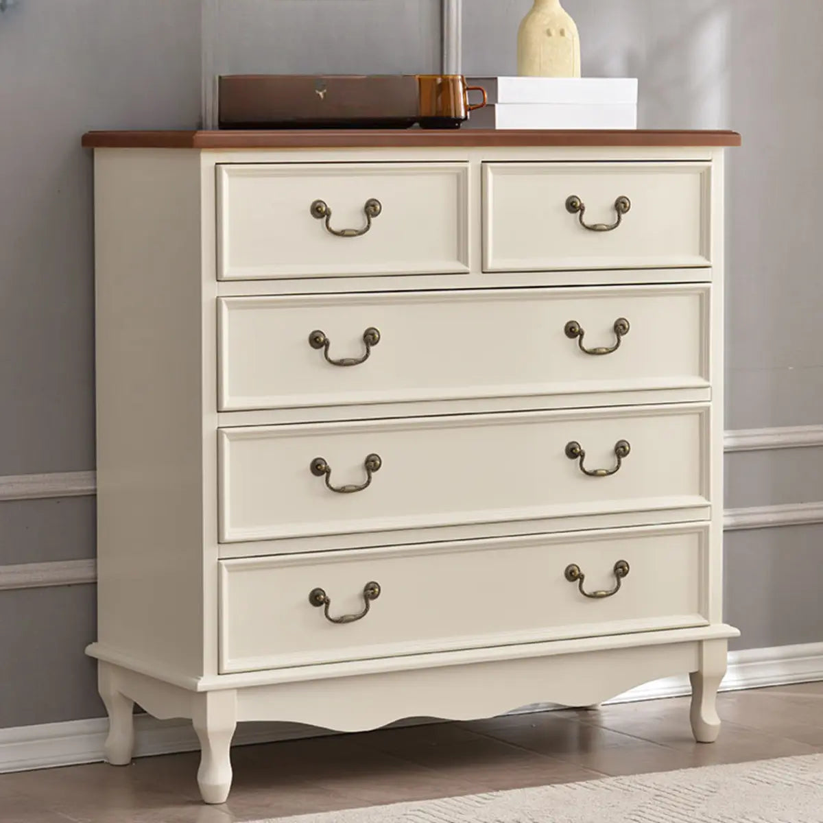 Rectangular Wood Drawers Beige Metal Handle Dresser Image - 34