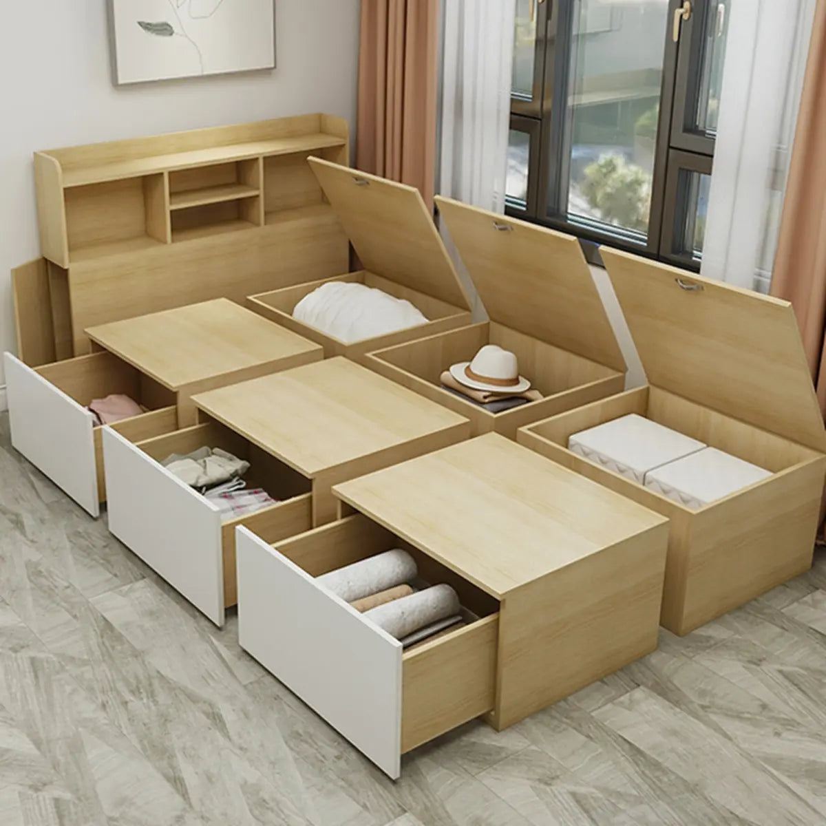 Rectangular Wood Natural Full Storage Bed with Drawers Image - 1