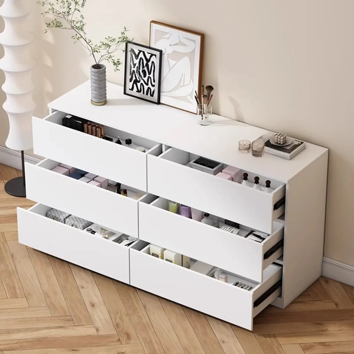 Rectangular Wood White Soft-Close Drawers Entry Dresser Image - 4