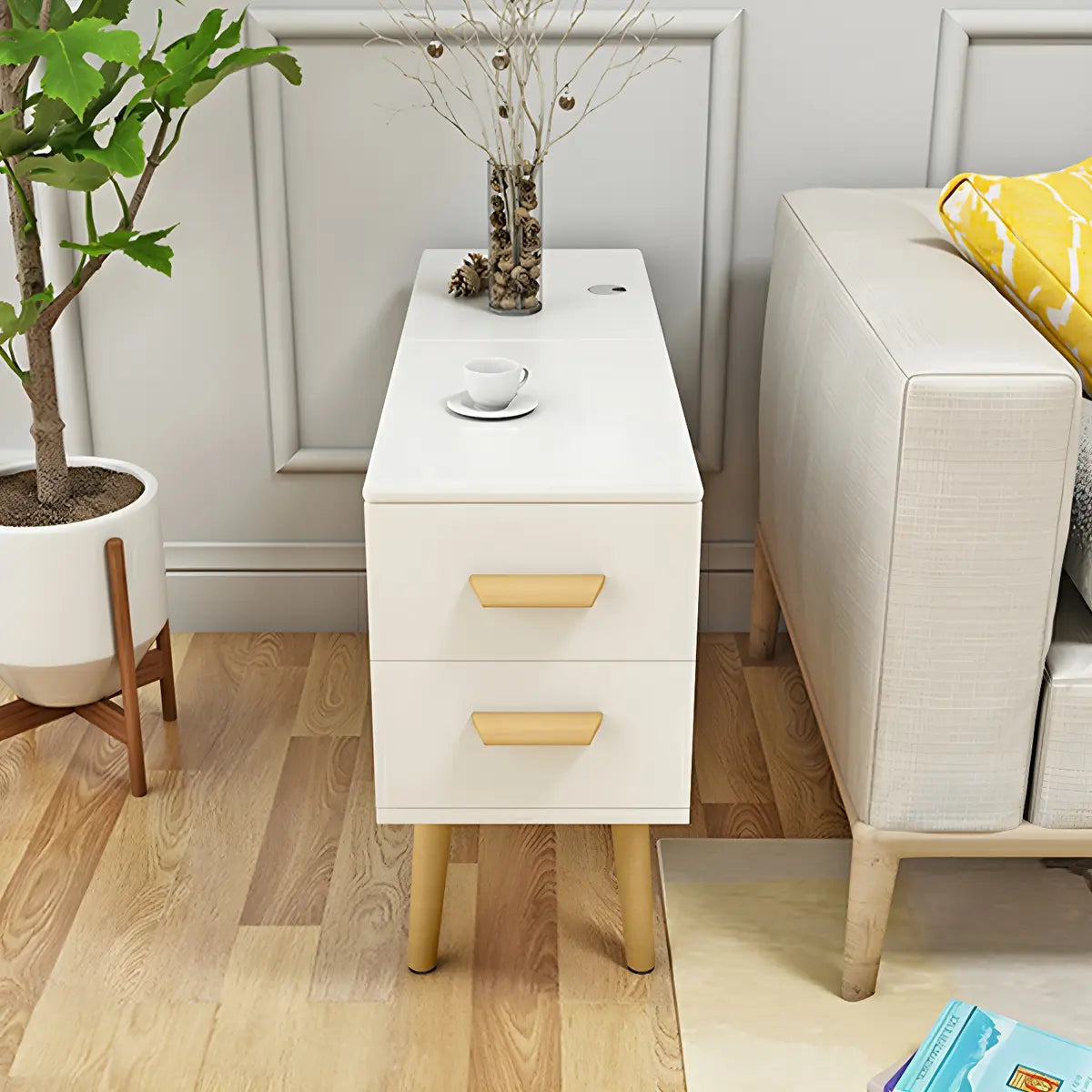 Rectangular Wood White Storage Side Table with Drawers Image - 4