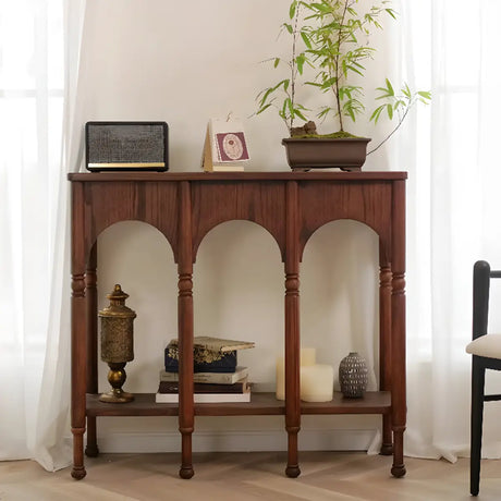 Rectangular Wooden Brown Console Table with Shelves Image - 1