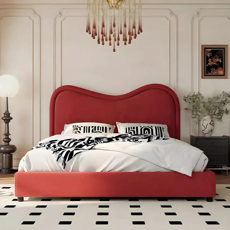 Red Arched Wood Frame Upholstered Panel Headboard Image - 2