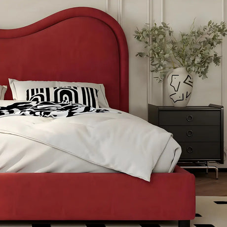 Red Arched Wood Frame Upholstered Panel Headboard Image - 6