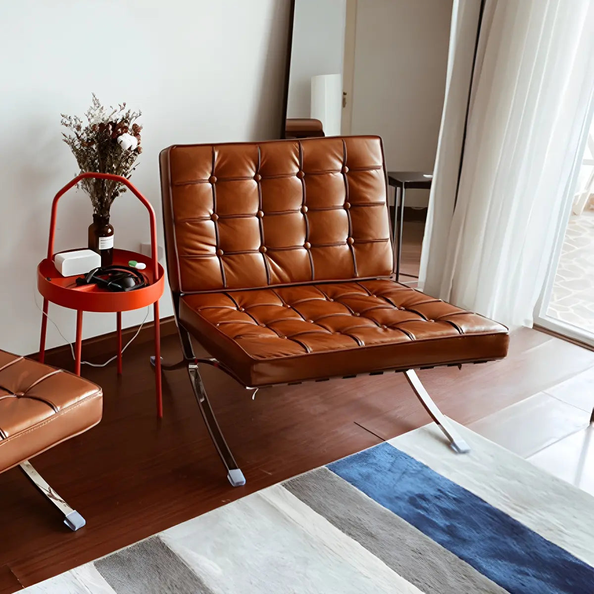 Red Brown Faux Leather Tufted Back Lounge Chair Image - 1