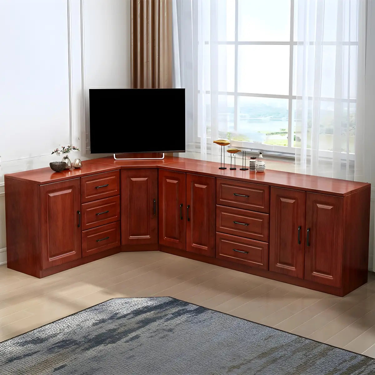 Red Brown Wood Cabinet Drawers Corner Unit TV Stand Image - 12