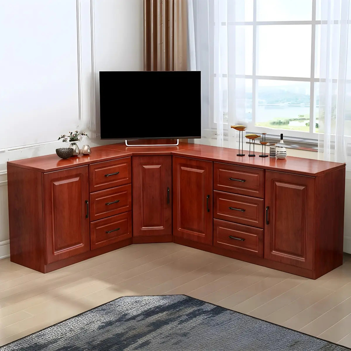 Red Brown Wood Cabinet Drawers Corner Unit TV Stand Image - 13