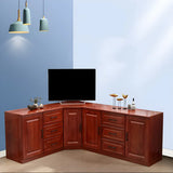 Red Brown Wood Cabinet Drawers Corner Unit TV Stand Image - 2