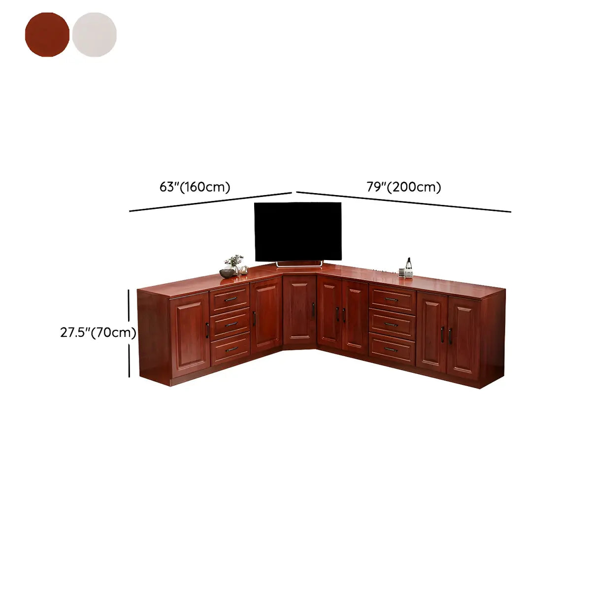 Red Brown Wood Cabinet Drawers Corner Unit TV Stand Image - 20