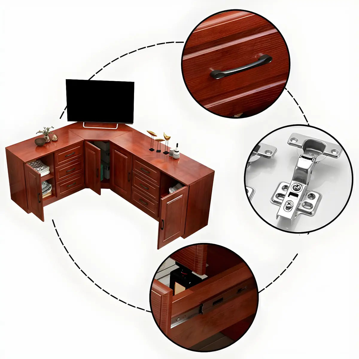 Red Brown Wood Cabinet Drawers Corner Unit TV Stand Image - 7