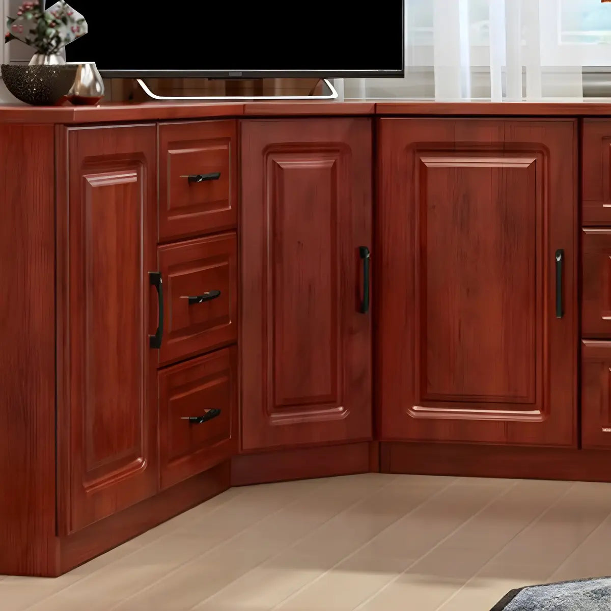 Red Brown Wood Cabinet Drawers Corner Unit TV Stand Image - 8