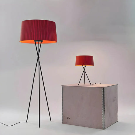 Red Cylinder Fabric Shade Modern Tripod Floor Lamp Image - 1