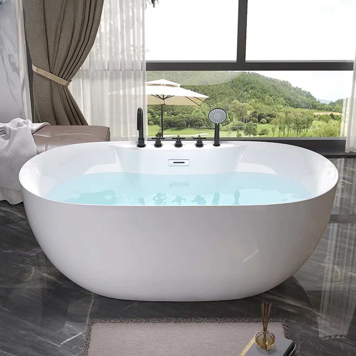 Relaxing Oval PMMA White Freestanding Bathtub with Faucet Image - 1